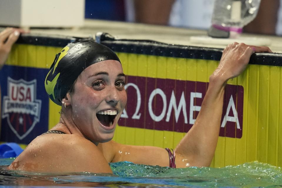 Emma Weyant reacts after winning the Women's 400 Individual Medley during wave 2 of the U.S. Olympic Swim Trials on Sunday, June 13, 2021, in Omaha, Neb. (AP Photo/Charlie Neibergall)