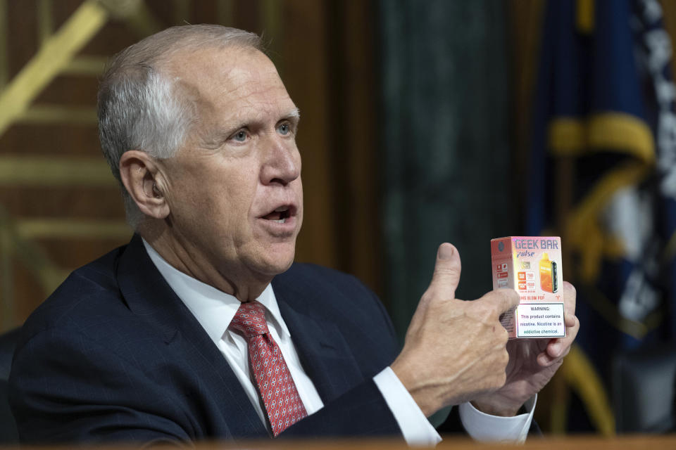 Sen. Thom Tillis, R-N.C., speaks during a hearing on combating the rise of illegal electronic cigarettes, on Capitol Hill, Wednesday, June 12, 2024, in Washington. ( AP Photo/Jose Luis Magana)