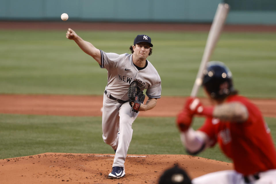 BOSTON, MA - JULY 23: Gerrit Cole #45 of the New York Yankees pitches against the Boston Red Sox during the first inning at Fenway Park on July 23, 2021 in Boston, Massachusetts. (Photo By Winslow Townson/Getty Images)