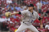 Colorado Rockies starting pitcher Kyle Freeland throws during the first inning of a baseball game St. Louis Cardinals Tuesday, Aug. 16, 2022, in St. Louis. (AP Photo/Jeff Roberson)