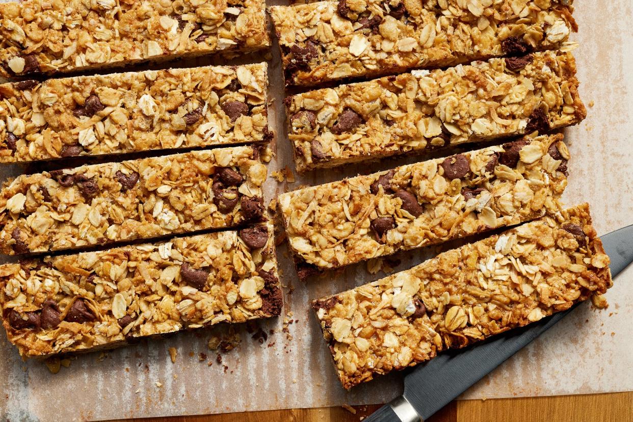 Chocolate Chip Coconut granola being sliced into bars. (Fred Hardy)