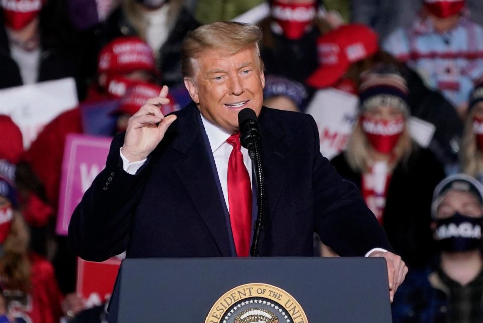 President Donald Trump speaks during a campaign rally at Erie International Airport in Erie, Pennsylvania.