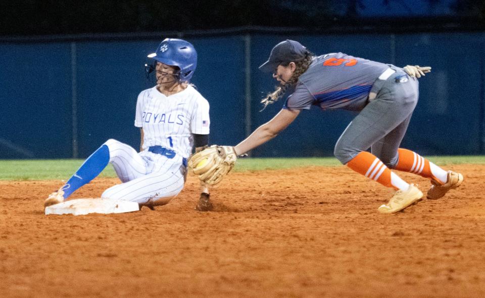 Jay's Brett Watson (No. 1) makes a safe slide into second as Freeport's Isabella Holden (No. 9) comes up short on the tag during Thursday's 1-A softball play. 