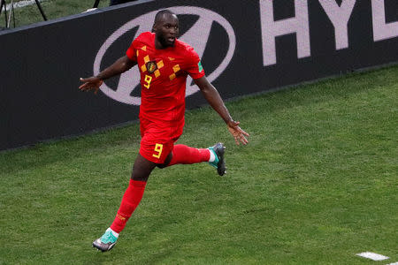 El delantero de la selección de fútbol de Bélgica Romelu Lukaku festeja tras convertir un doblete frente a Panamá en su duelo por el grupo G de la Copa del Mundo de la FIFA en Sochi, Rusia, jun 18, 2018. REUTERS/Carlos Garcia Rawlins