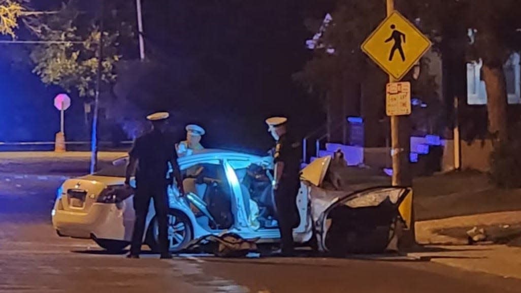 A car crashed into a utility pole on Vine Street at Beldare Avenue on June 7.