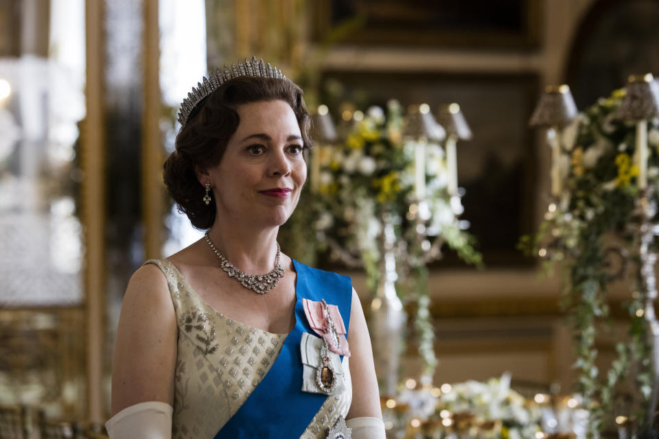 In this image released by Netflix, Olivia Colman portrays Queen Elizabeth II in a scene from the third season of "The Crown," debuting Sunday on Netflix. (Sophie Mutevelian/Netflix via AP)
