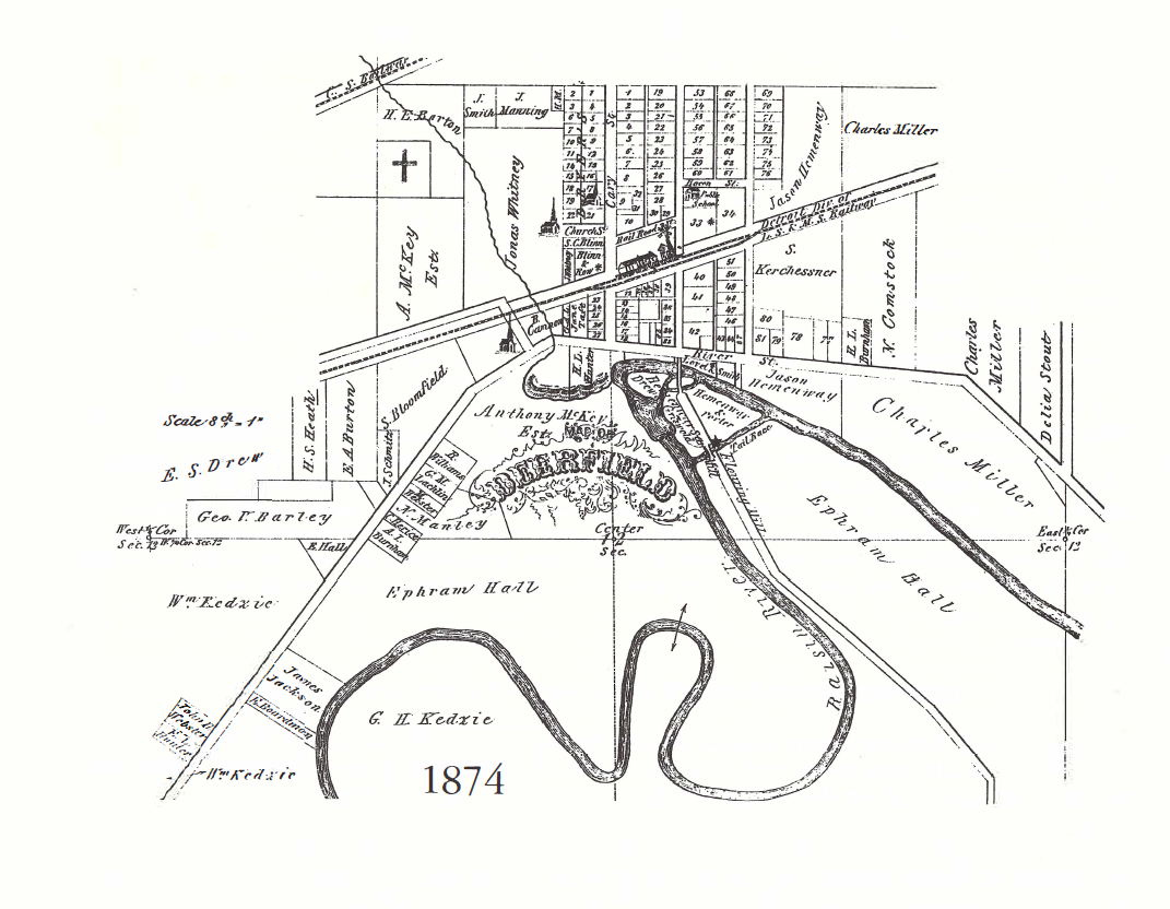 An 1874 map of Deerfield shows the smaller lots within the village as well as the owners of larger tracts of land on the outskirts.