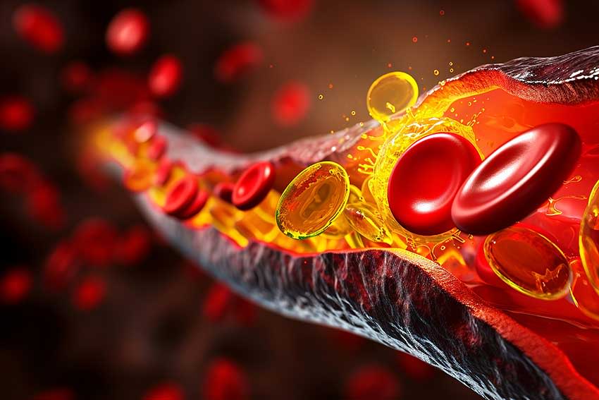 Grasa y colesterol en las células de las venas sanguíneas humanas.