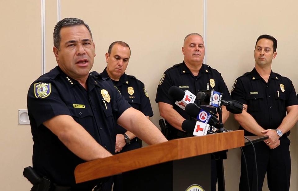 Hialeah Police Chief Sergio Velázquez talked about his department’s actions in the case of Sgt. Jesús Manuel Menocal Jr, 32, who was arrested after a federal grand jury in Miami, Florida, returned a two-count indictment against him for depriving two women of their civil rights. The news conference took place on Friday, December 13, 2019.