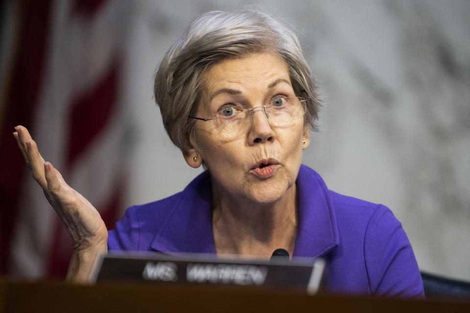 UNITED STATES - MARCH 7: Sen. Elizabeth Warren, D-Mass., questions Federal Reserve Chairman Jerome Powell during the Senate Banking, Housing, and Urban Affairs Committee hearing titled The Semiannual Monetary Policy Report to the Congress, in Hart Building on Tuesday, March 7, 2023. (Tom Williams/CQ-Roll Call, Inc via Getty Images)