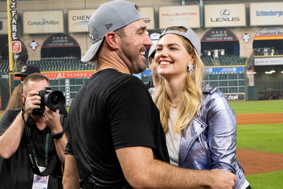 Kate Upton celebrates with husband and Houston Astros pitcher Justin Verlander after his team beats the Tampa Bay Rays on Thursday in Houston. 