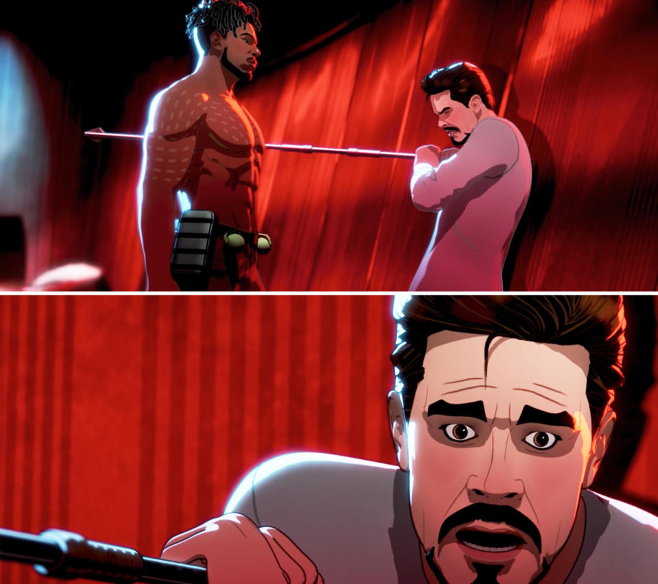 Killmonger stabbing Tony with a Dora Milaje spear