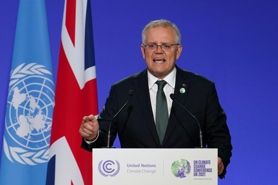 Australia's Prime Minister Scott Morrison speaks as National Statements are delivered as a part of the World Leaders' Summit at the UN Climate Change Conference (COP26) in Glasgow, Scotland, Britain November 1, 2021. Ian Forsyth/Pool via REUTERS