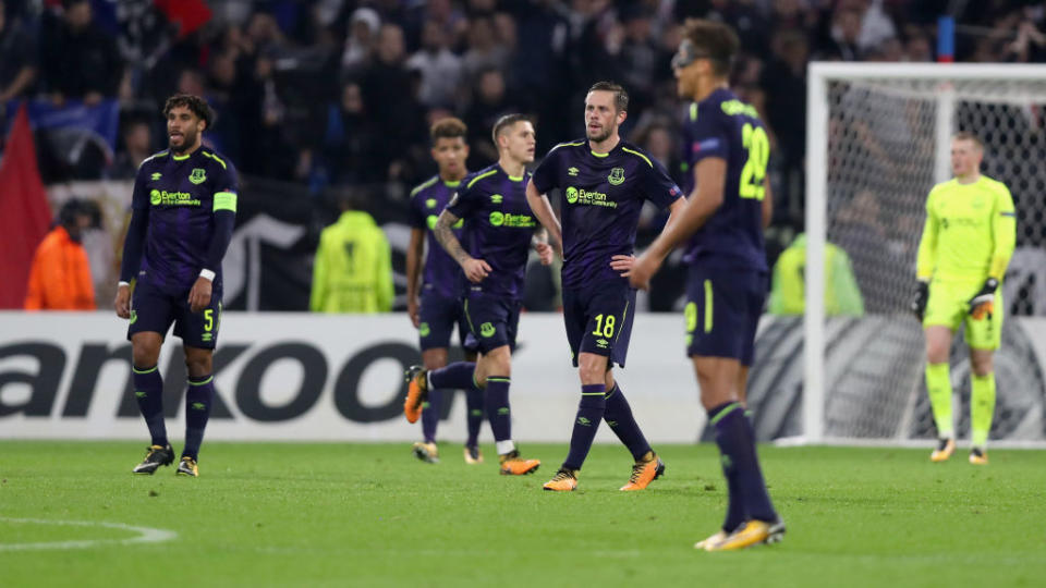 Everton slipped out of the UEFA Europa League after defeat by Olympique Lyon at the Stade de Lyon