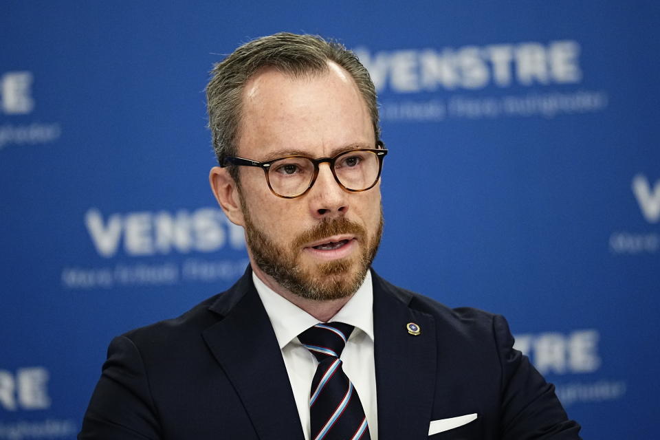 Jakob Ellemann-Jensen, Danish Minister of Economy and chairman of Denmark's Liberal Party speaks during a press conference in Copenhagen, Monday, Oct. 23, 2023. Ellemann-Jensen announced Monday he was leaving politics and stepping down as head of the center-right Liberal Party to spend more time with his family. (Martin Sylvest/Ritzau Scanpix via AP)