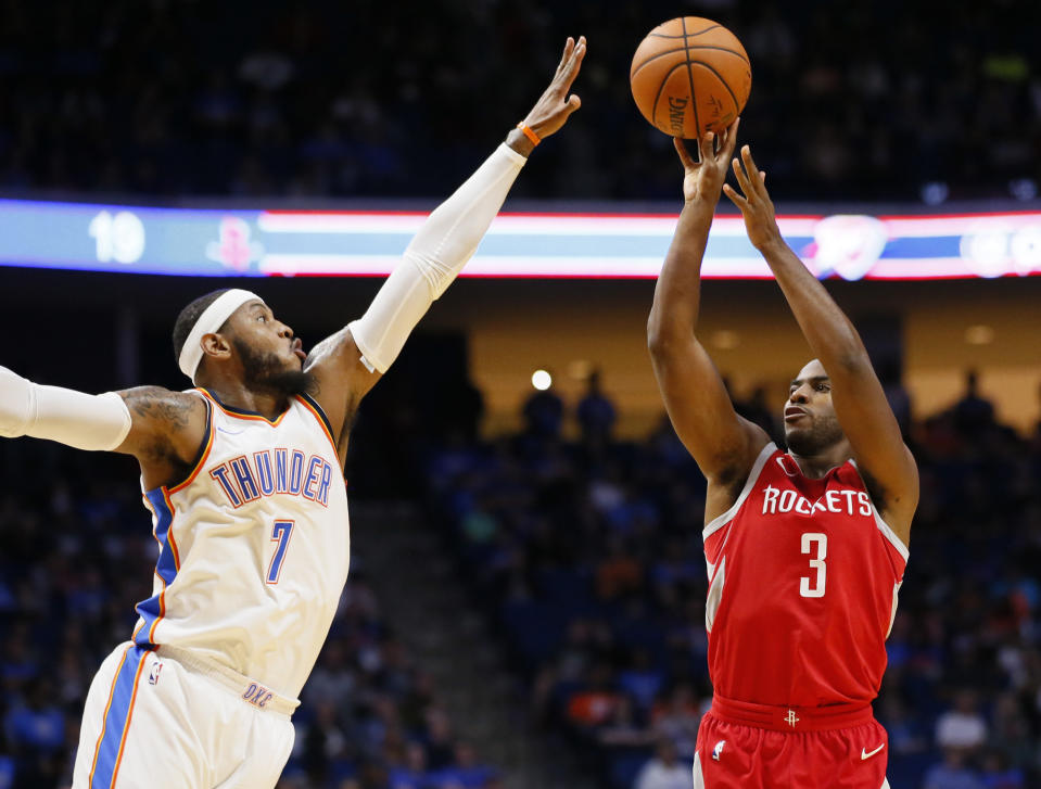 Carmelo Anthony and Chris Paul are suddenly on opposite ends of a fun Rockets-Thunder rivalry. (AP)