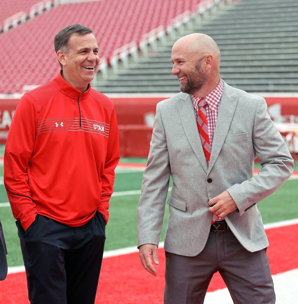 University of Utah athletic director Mark Harlan and Crimson Collective founder Matt Garff talk at the Crimson Collective launch event at the Rice-Eccles Stadium in Salt Lake City on Friday, April 21, 2023. The Crimson Collective is an independent NIL organization and the exclusive NIL collective for Utah football. | Kristin Murphy, Deseret News