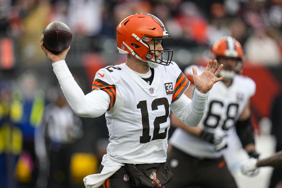 Cleveland Browns quarterback Jeff Driskel (12) throws against the Cincinnati Bengals during the first half of an NFL football game in Cincinnati, Sunday, Jan. 7, 2024. (AP Photo/Sue Ogrocki)