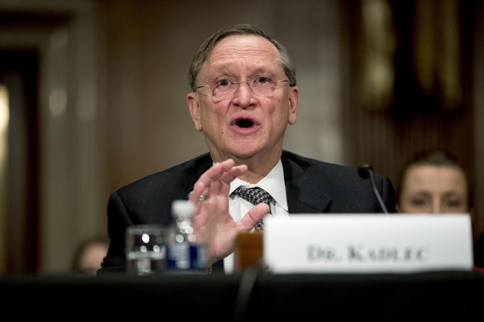 FILE - In this Tuesday, March 3, 2020 file photo, Health and Human Services Assistant Secretary for Preparedness and Response Dr. Robert Kadlec testifies before a Senate Education, Labor and Pensions Committee hearing on the coronavirus on Capitol Hill in Washington. Concerns from federal scientists about the proposal of Pepcid to treat COVID-19 were ignored, according to government records and a complaint from Rick Bright, former director of the government’s Biomedical Advanced Research and Development Authority. Kadlec oversees the agency, and wanted the Pepcid contract approved. Fast. (AP Photo/Andrew Harnik)