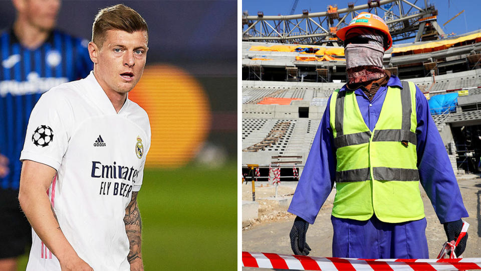 Toni Kroos (pictured left) during a Champions League match and a worker (pictured right) on the WC in Qatar.