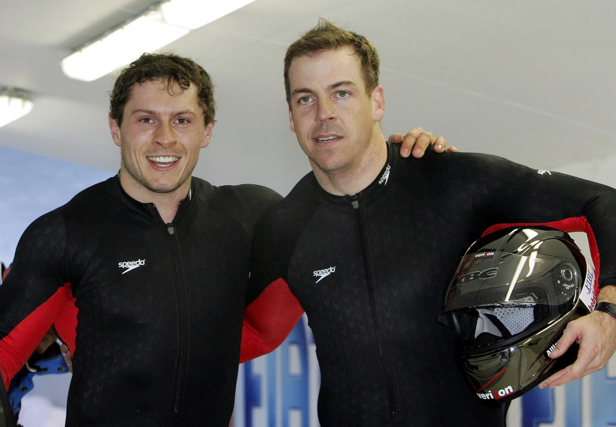 Pavle Jovanovic, left, with teammate Todd Hays after finishing third in the two-man bobsled at the 2005 world championships in Austria.