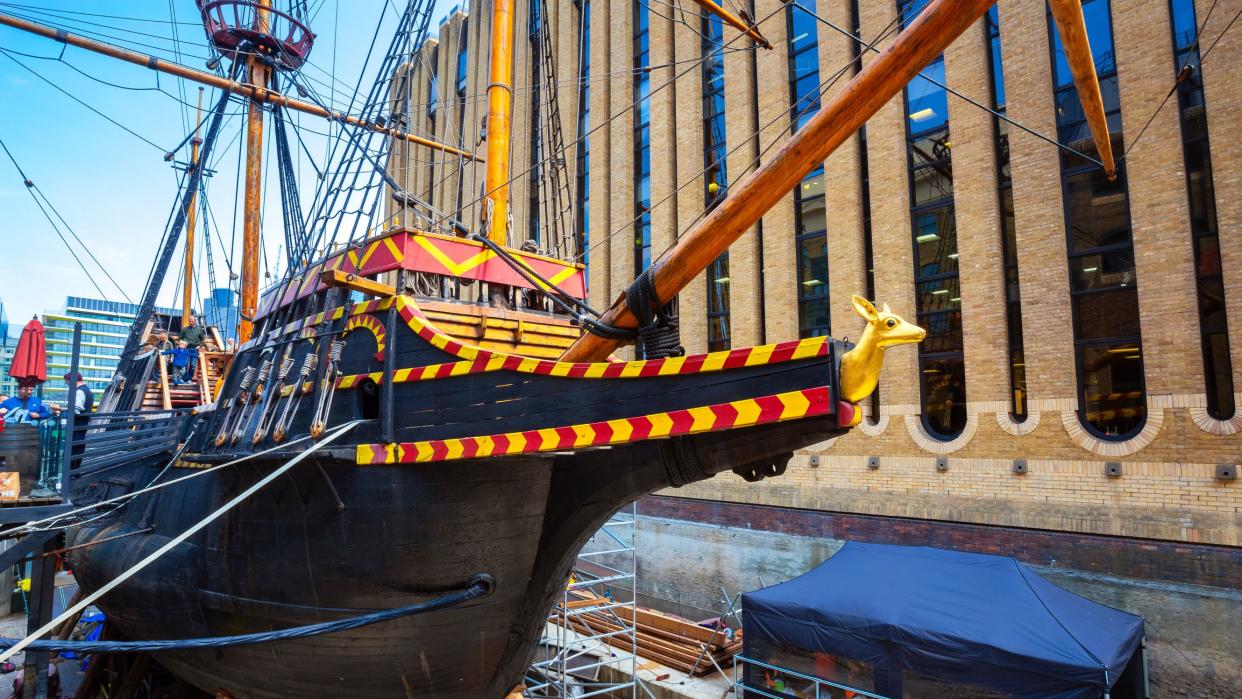 London, UK - May 23 2018: The replica of the Golden Hinde, the UK' famous ship of Sir Francis Drake that travel around the world between 1540 - 1596. The ship docked at St. Mary Overie's dock