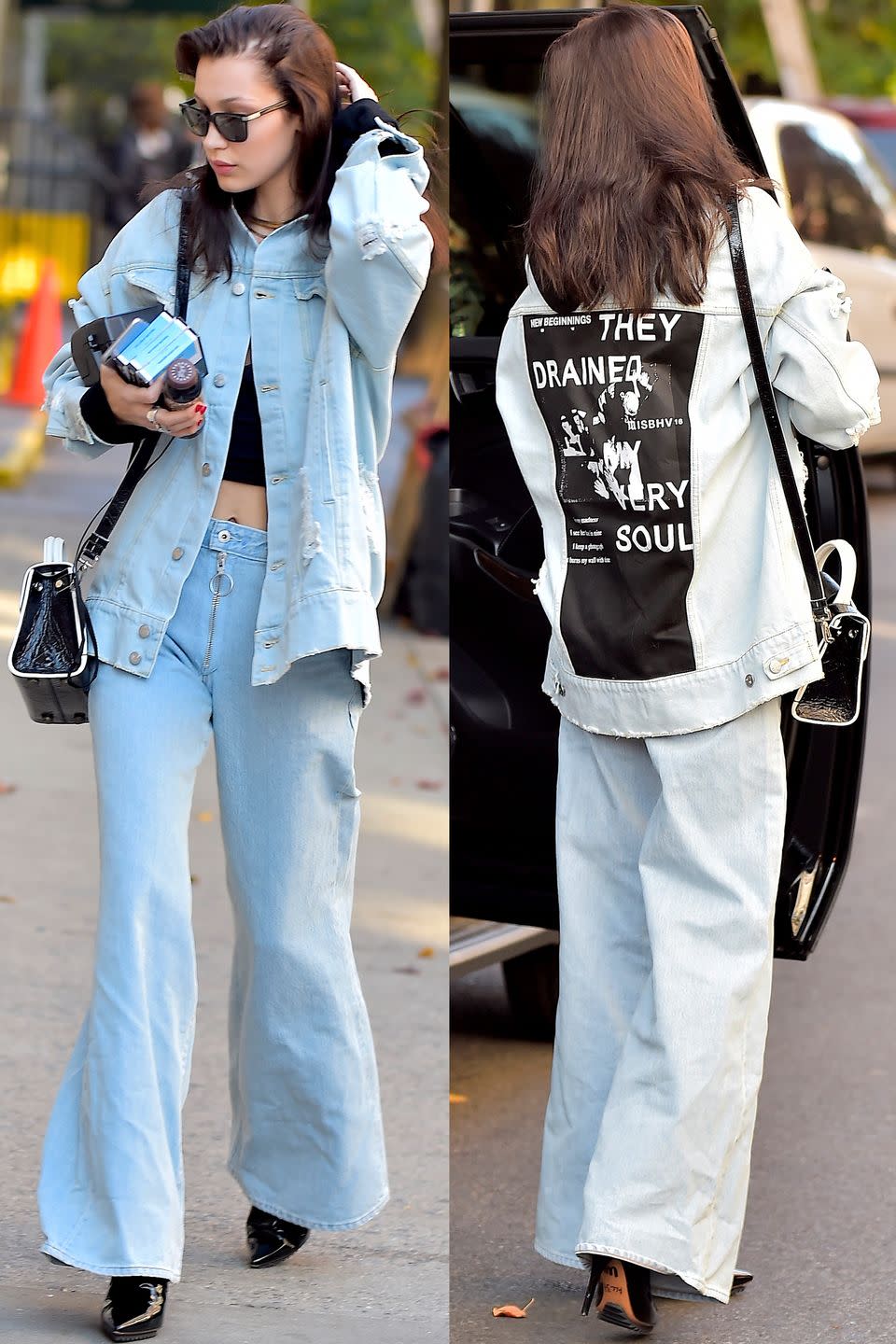 <p>In a denim jacket by Misbhv, wide-leg jeans, pointed-toe Givenchy boots, a black crop top, leather crossbody bag and sunglasses in NYC.</p>