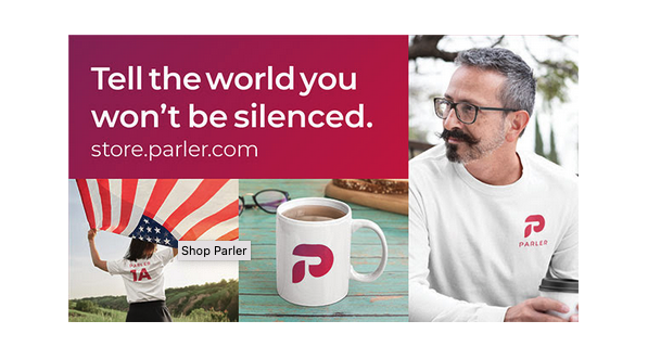 A screenshot of an ad for Parler merchandise, featuring a guy sporting a prominent mustache.