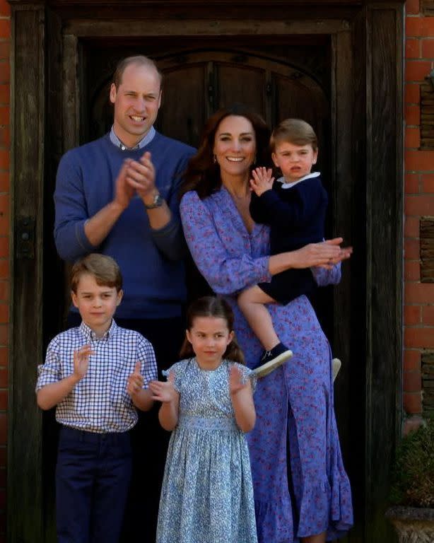 <p>Kate <a href="https://www.townandcountrymag.com/society/tradition/a32256560/kate-middleton-blue-shirtdress-ghost-london-clap-for-carers-photos/" rel="nofollow noopener" target="_blank" data-ylk="slk:wore a cornflower blue floral midi dress;elm:context_link;itc:0;sec:content-canvas" class="link ">wore a cornflower blue floral midi dress</a> outside her country home as she and Prince William, George, Charlotte, and Louis clapped for NHS carers. The family appeared as part of the BBC Children In Need and Comic Relief "Big Night In," a program which is raising money for COVID-19 first responders. </p>