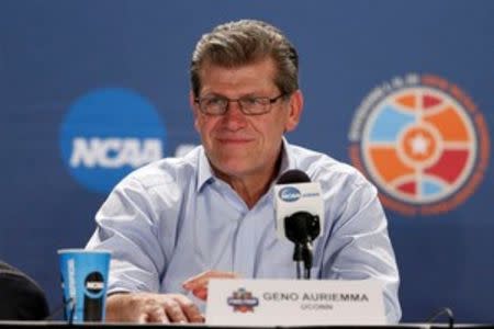 Apr 5, 2016; Indianapolis, IN, USA; Connecticut Huskies head coach Geno Auriemma speaks to the media after defeating the Syracuse Orange 82-51 at Bankers Life Fieldhouse. Mandatory Credit: Brian Spurlock-USA TODAY Sports