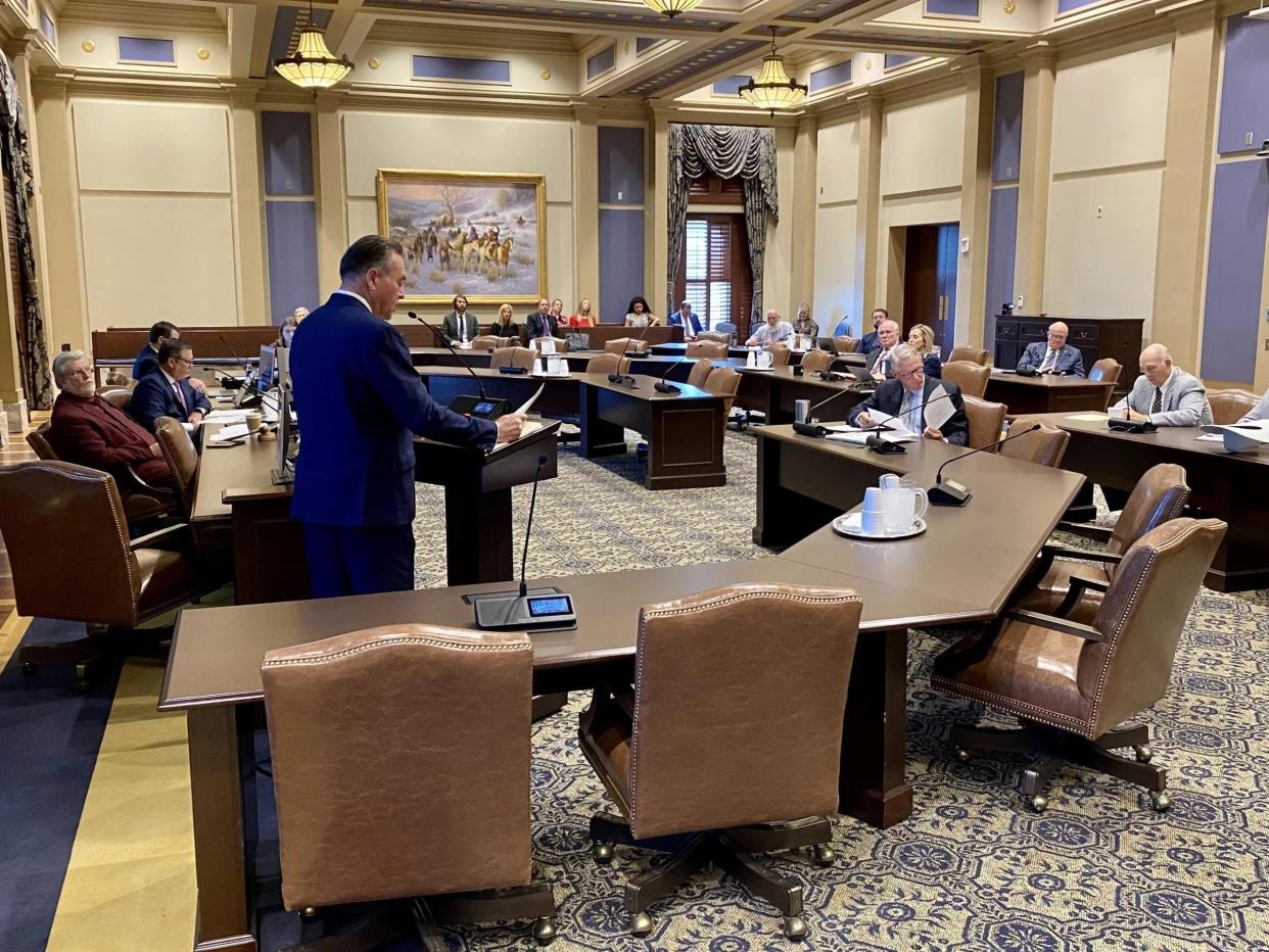 Oklahoma Treasurer Todd Russ, at podium, discusses implementation of the Oklahoma Energy Discrimination Elimination Act during a Senate interim study Wednesday at the state Capitol.