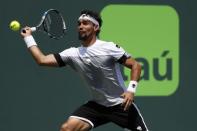 Mar 31, 2017; Miami, FL, USA; Fabio Fognini of Italy hits a forehand against Rafael Nadal of Spain (not pictured) during a men's singles semi-final in the 2017 Miami Open at Brandon Park Tennis Center. Nadal won 6-1, 7-5. Geoff Burke-USA TODAY Sports