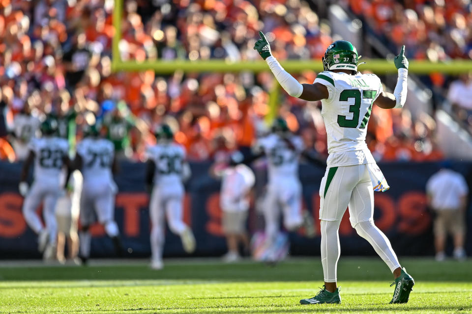 New York Jets cornerback Bryce Hall (37) celebrates during a Jets road win at the Denver Broncos in Week 5. (Photo by Dustin Bradford/Icon Sportswire via Getty Images)