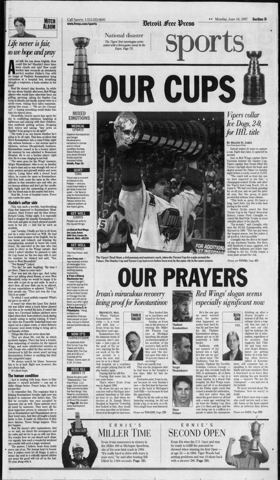 Front page of the sports section of the Detroit Free Press on June 16, 1997.