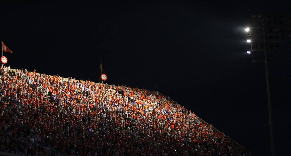 The northeast upper stands are seen during the light show before the Florida Atlantic game in Clemson, S.C. on Saturday, Sept. 16, 2023. (Travis Bell/SIDELINE CAROLINA)