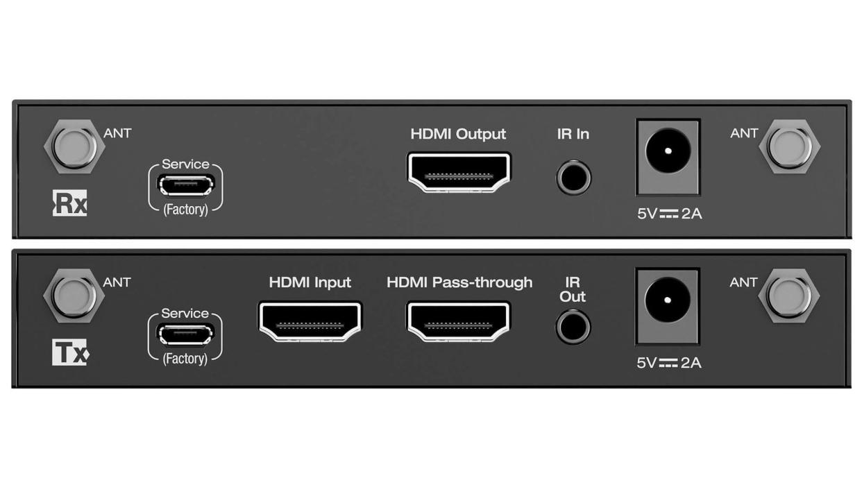  The rear panels of the KD-4KWHCEX wireless HDMI transmitter and receiver. 