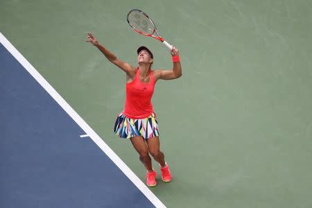 Sep 10, 2016; New York, NY, USA; Angelique Kerber of Germany serves to Karolina Pliskova of the Czech Republic in the championship match on day thirteen of the 2016 U.S. Open tennis tournament at USTA Billie Jean King National Tennis Center. Mandatory Credit: Anthony Gruppuso-USA TODAY Sports