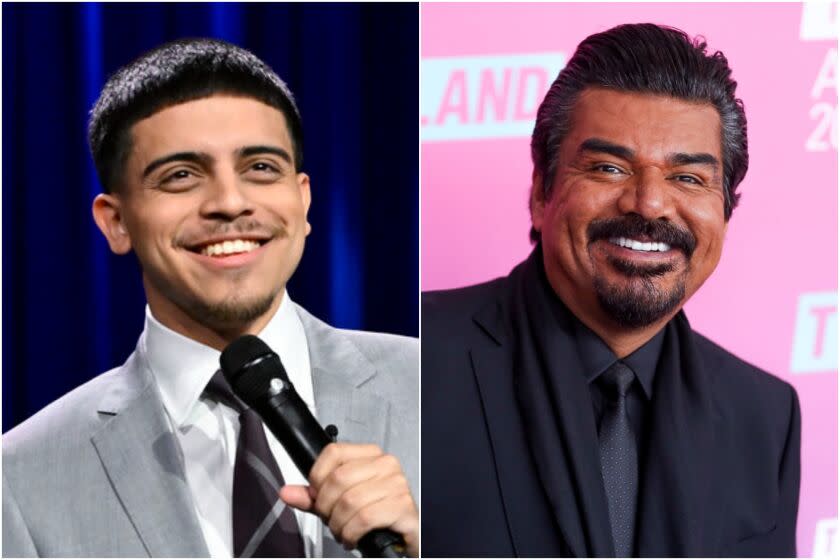 A split image of a young man in a gray suit smiling and holding a mic, left, and an older man smiling in a black suit