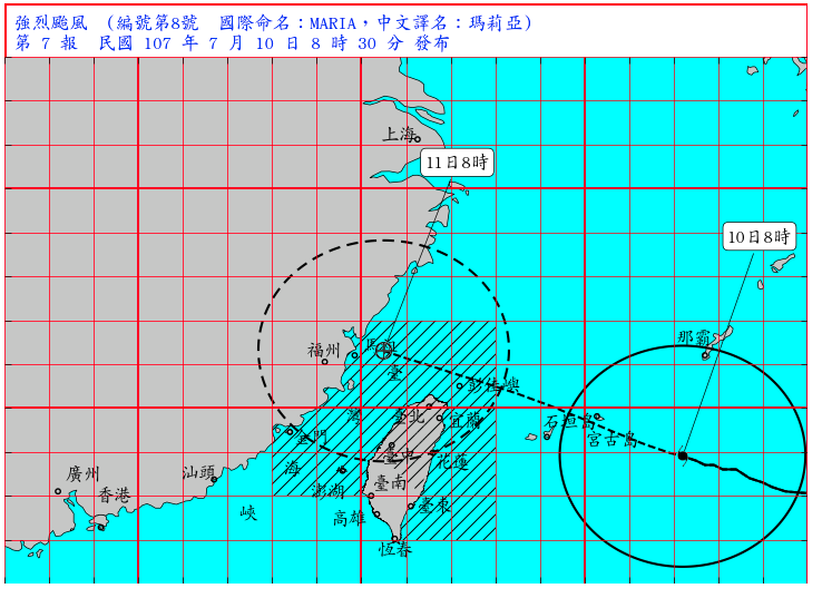 強烈颱風瑪莉亞暴風圈正快速向臺灣東北部近海接近，對彰化以北及花蓮以北及馬祖地區將構成威脅。