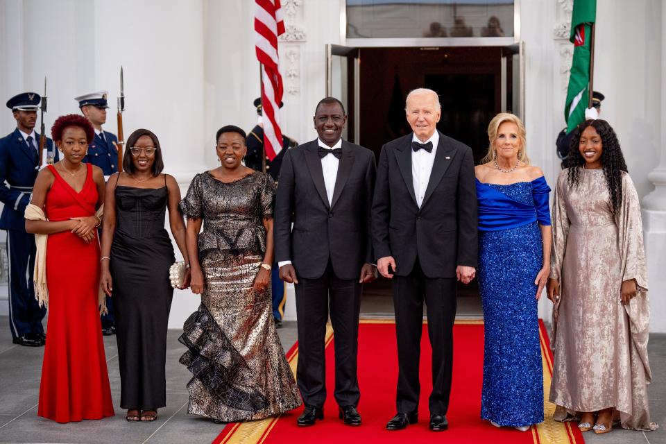 President Joe Biden and first lady Jill Biden pose with Kenyan President William Ruto, his wife Rachel Ruto, and their children as they arrive for a State Dinner at the White House on May 23, 2024 in Washington, DC.