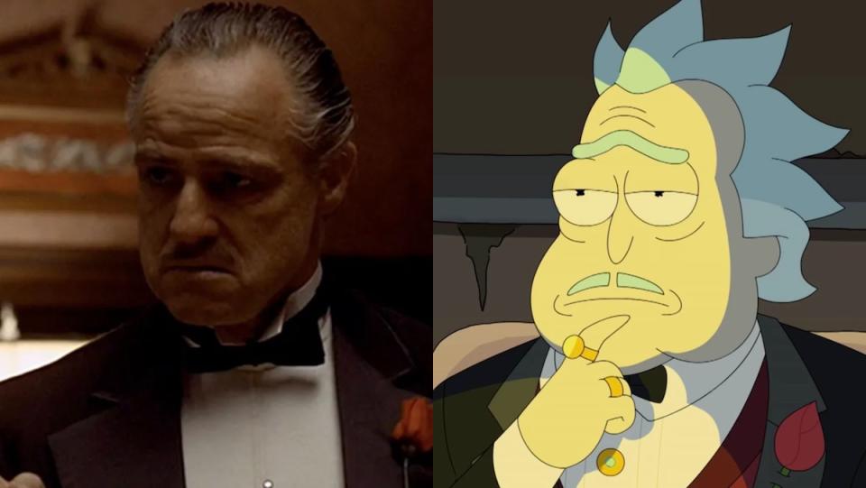 Marlon Brando's Don Corleone in a tuxedo from The Godfather and his Rick and Morty parody