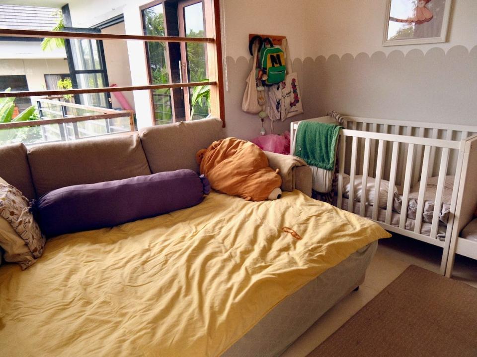 A bed by the kids' sleeping area.