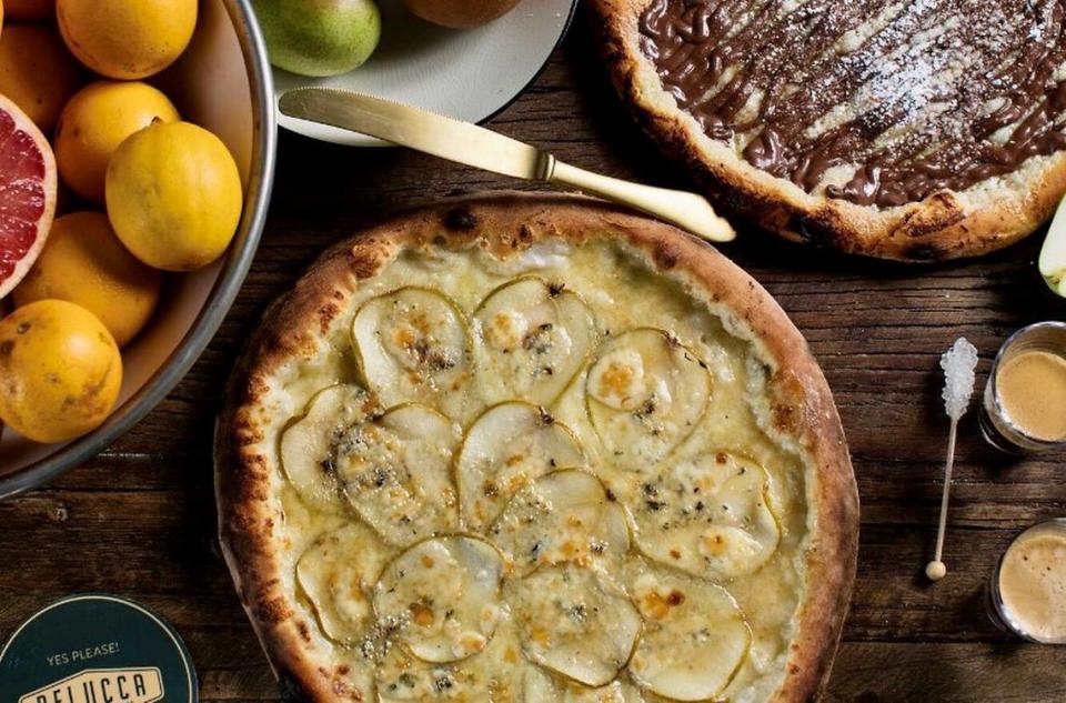 A pear-Gorgonzola-honey dessert pizza at Delucca Gaucho Pizza.