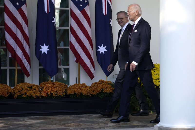 President Joe Biden and Australia's Prime Minister Anthony Albanese walk to the Oval Office of the White House during an official state visit in Washington, D.C., on Wednesday. The leaders planned to discuss many topics and a joint press conference. Photo by Yuri Gripas/UPI