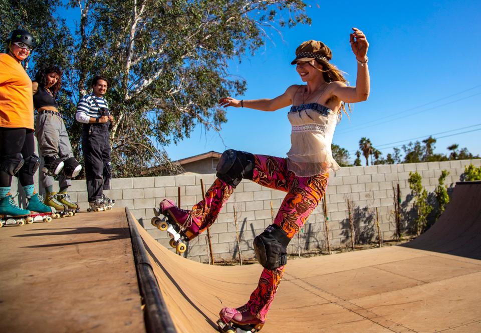 Joclynn 'Jammalynn' Flower of Visalia free skates in the mini ramp during the Windmill City Classic at The Yard in Palm Springs, Calif., Saturday, Dec. 10, 2022. 