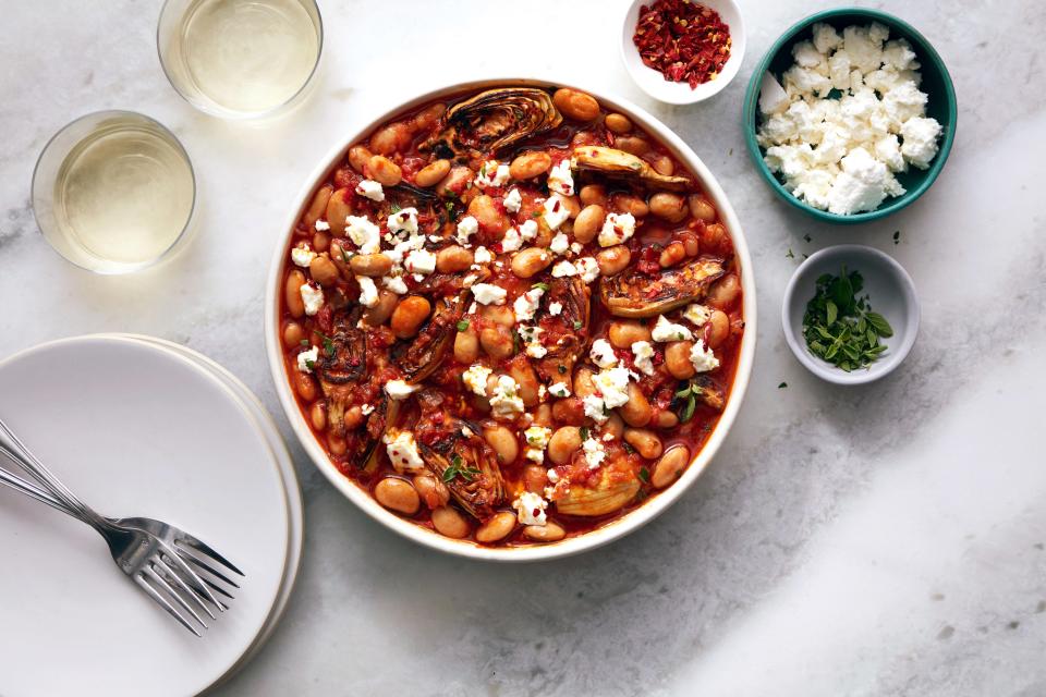 Saucy Beans and Artichoke Hearts With Feta