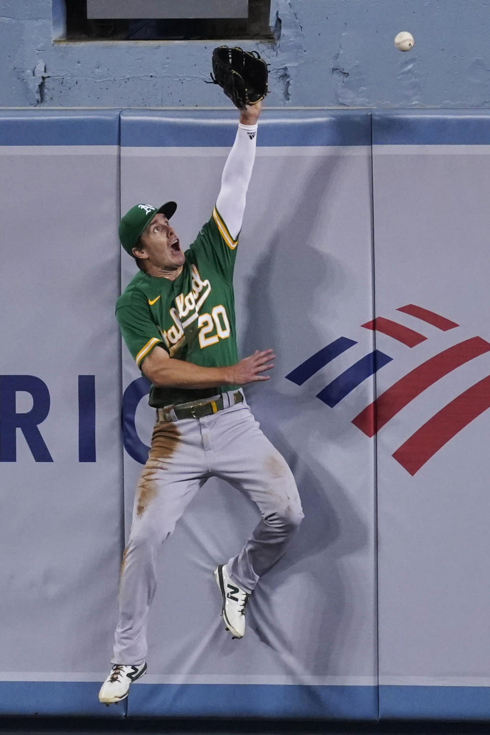 Oakland Athletics center fielder Mark Canha can't make the catch on a home run by Los Angeles Dodgers' A.J. Pollock during the fourth inning of a baseball game Tuesday, Sept. 22, 2020, in Los Angeles. (AP Photo/Ashley Landis)