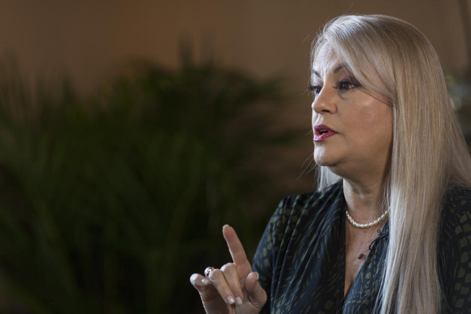 Puerto Rico Governor Wanda Vazquez speaks during an interview with the Associated Press at La Fortaleza, official residence of the Governor of Puerto Rico, in San Juan, Puerto Rico, Friday, Aug. 16, 2019. Governor Vazquez says she plans to remain in the position to help ease the U.S. territory's political turmoil and will have the flexibility to truly work for the people because she is free of all political ties or obligations. (AP Photo/Dennis M. Rivera Pichardo)