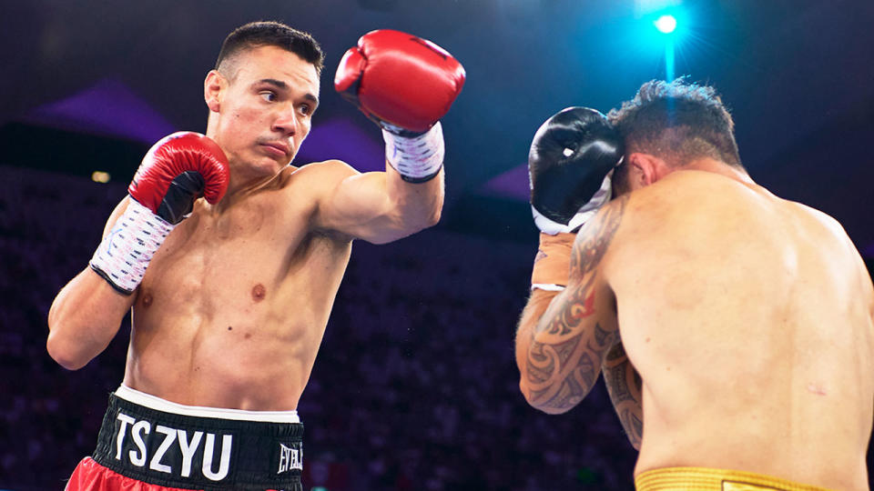 Pictured here, Tim Tszyu lines up a punch on Bowyn Morgan.