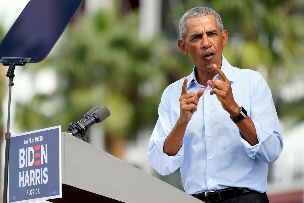 Former President Barack Obama speaks at a rally as he campaigns for Democratic presidential candidate former Vice President Joe Biden Tuesday, Oct. 27, 2020, in Orlando, Fla. (AP Photo/John Raoux) (AP)